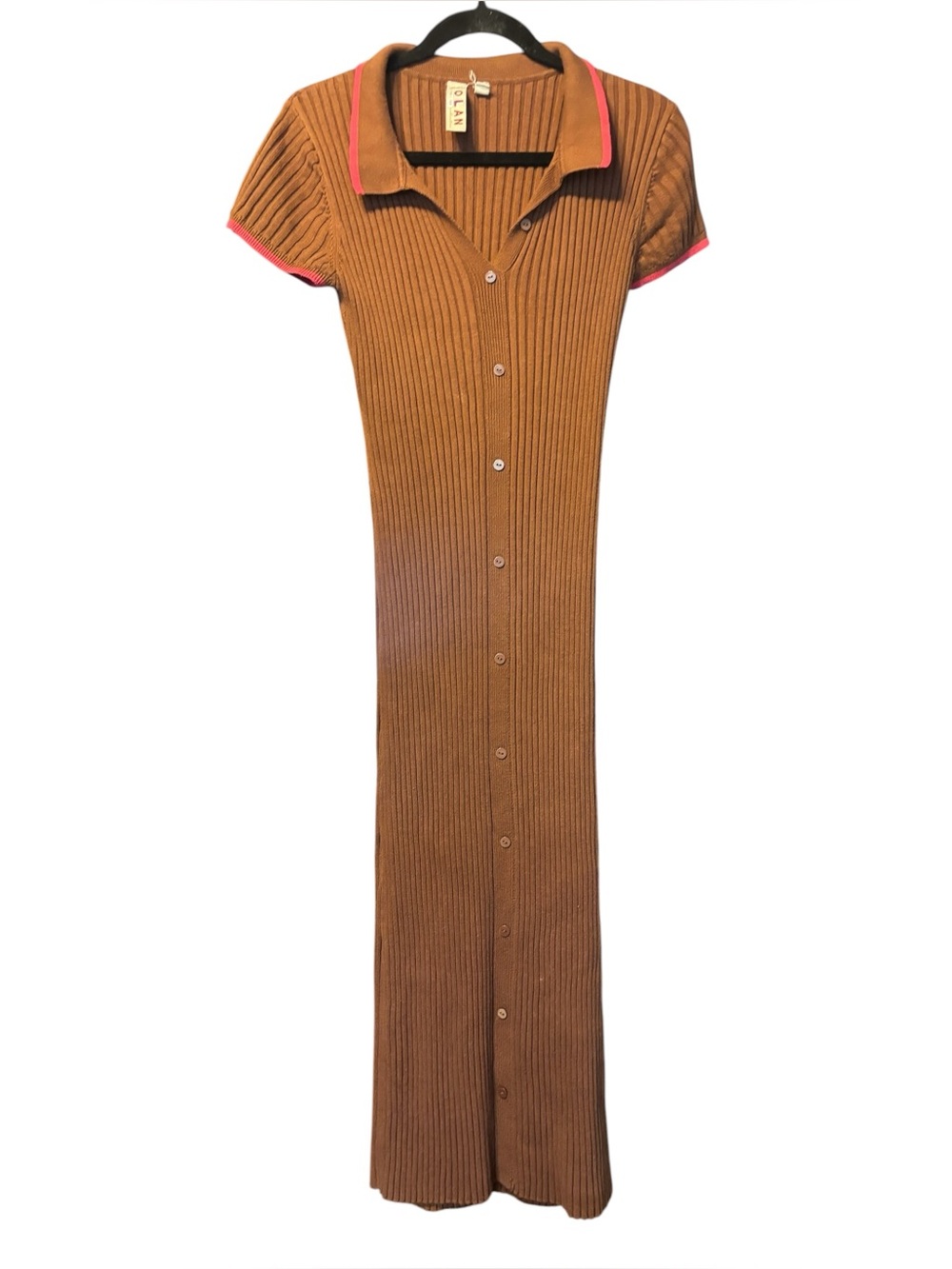 Dolan Brown Rib Knit Midi Button Front Shirt Dress Pink Trim Size Small - Picture 2 of 7